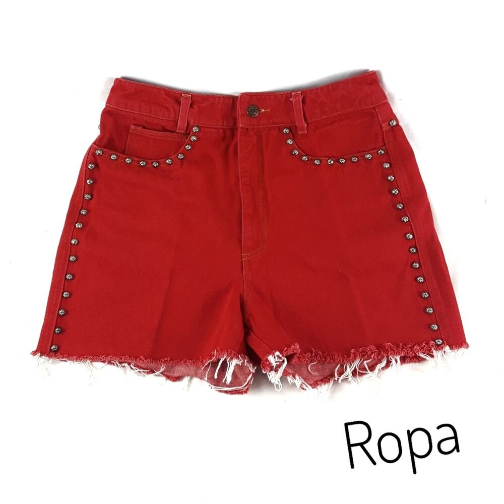 ROPA Size 10 High Waist Red Denim Jean Shorts Cut Offs Distressed Frayed Bright